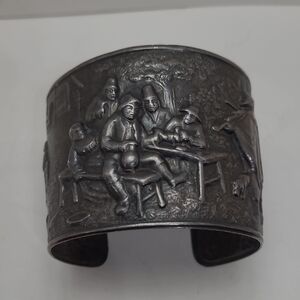 Vintage Hans Jensen Denmark silver-plated repoussé story scene cuff bracelet